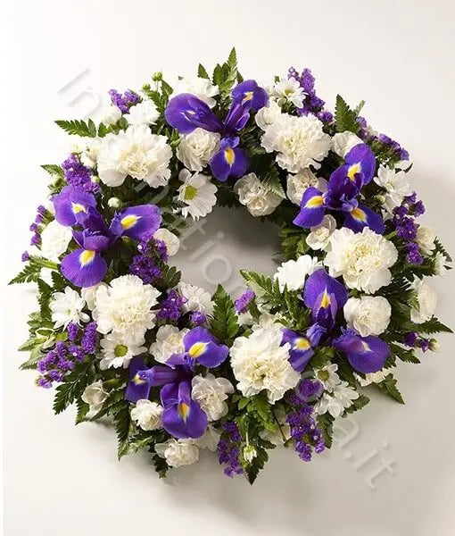 Corona funebre di Fiori bianchi e blu Fiori a Domicilio