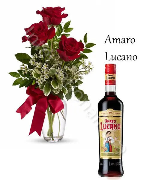 Bottiglia di Amaro con Bouquet di 3 Rose rosse Fiori a Domicilio