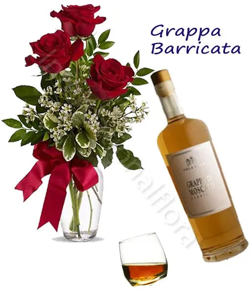 Bottiglia di Grappa Barricata con Bouquet di 3 Rose rosse Fiori a Domicilio