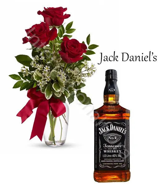 Bottiglia di Jack Daniel’s con Bouquet di 3 Rose rosse Fiori a Domicilio