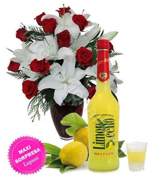 Bottiglia di Limoncello con Bouquet di Rose e Gigli Fiori a Domicilio