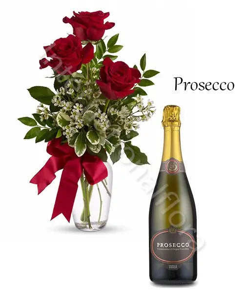 Bottiglia di Prosecco con Bouquet di 3 Rose rosse Fiori a Domicilio