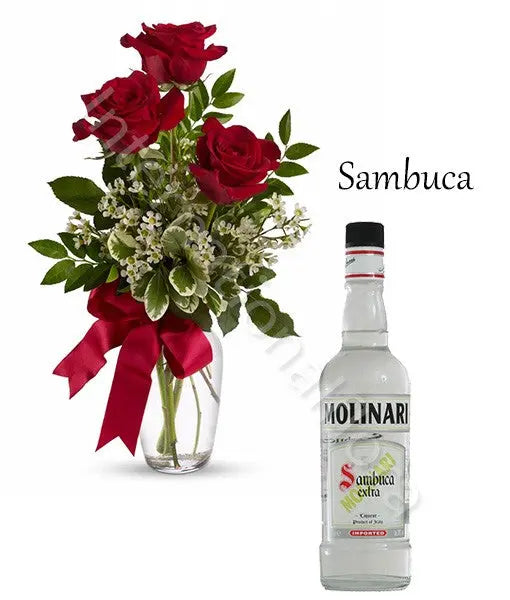 Bottiglia di Sambuca con Bouquet di 3 Rose rosse Fiori a Domicilio