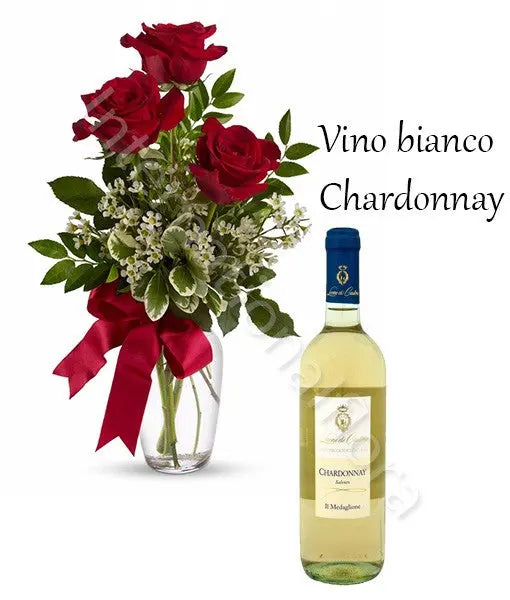 Bottiglia di Vino Bianco Chardonnay con Bouquet di 3 Rose rosse Fiori a Domicilio