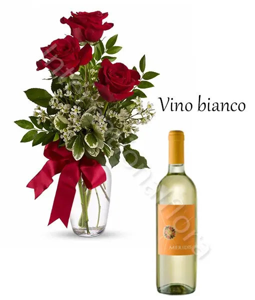 Bottiglia di Vino Bianco con Bouquet di 3 Rose rosse Fiori a Domicilio