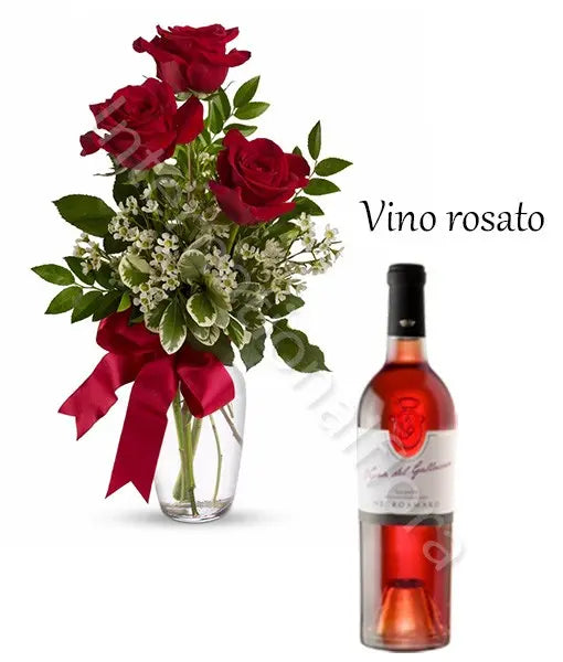 Bottiglia di Vino Rosato con Bouquet di 3 Rose rosse Fiori a Domicilio