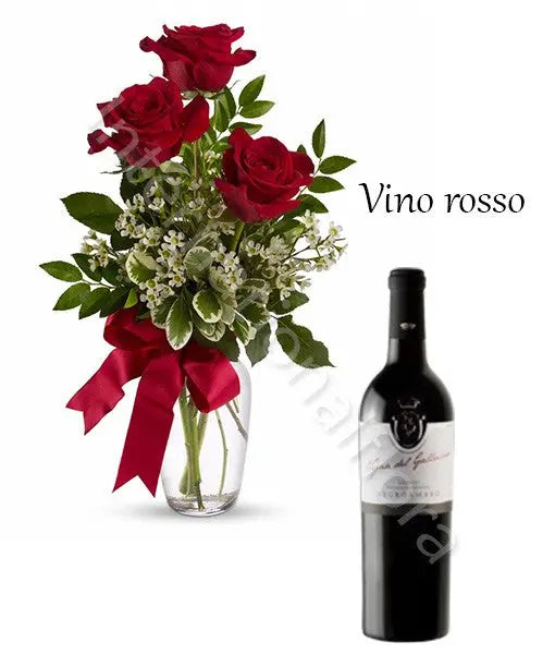 Bottiglia di Vino Rosso con Bouquet di 3 Rose rosse Fiori a Domicilio