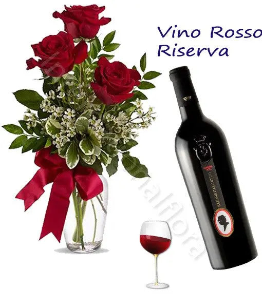 Bottiglia di Vino Rosso Riserva con Bouquet di 3 Rose rosse Fiori a Domicilio