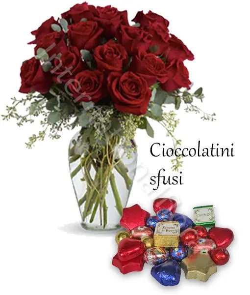 Bouquet di 12 Rose rosse con Cioccolatini sfusi Fiori a Domicilio