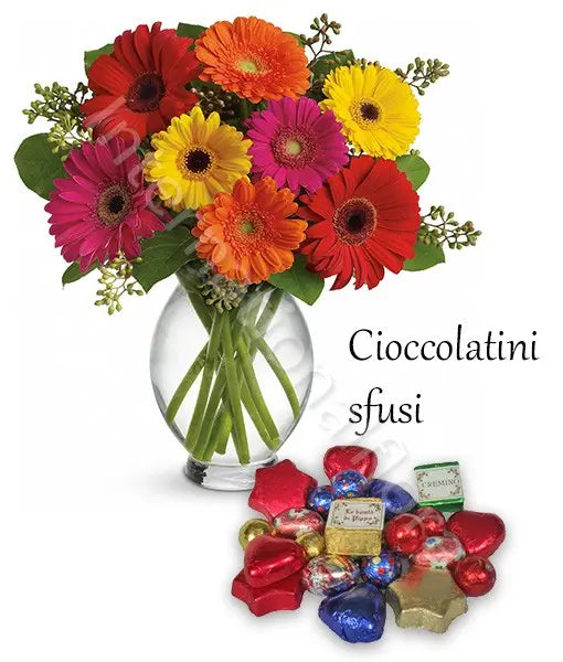 Bouquet di Gerbere colorate con Cioccolatini sfusi Fiori a Domicilio