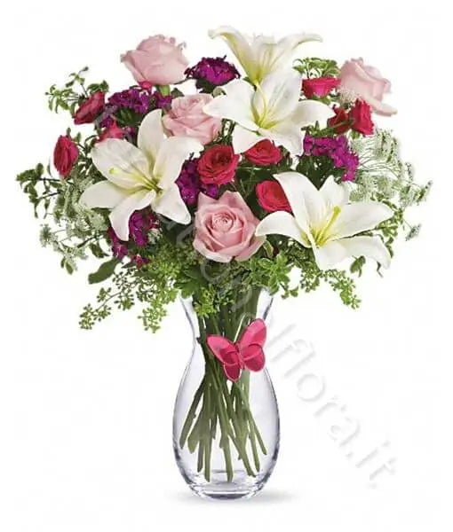 Bouquet di Gigli bianchi, Roselline rosse e rosa Fiori a Domicilio