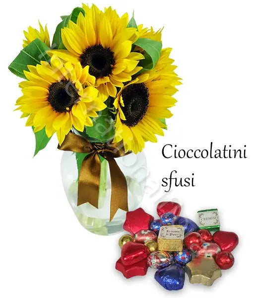 Bouquet di tre Girasoli con Cioccolatini sfusi Fiori a Domicilio