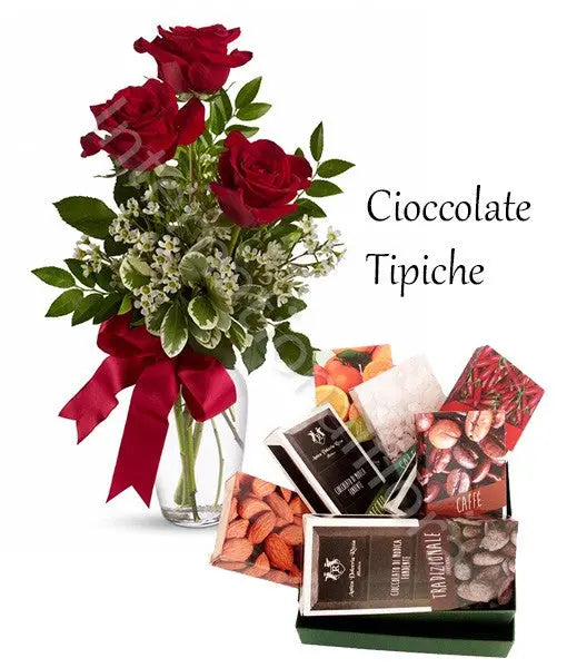 Cesto con Cioccolato e Bouquet di 3 Rose rosse Fiori a Domicilio