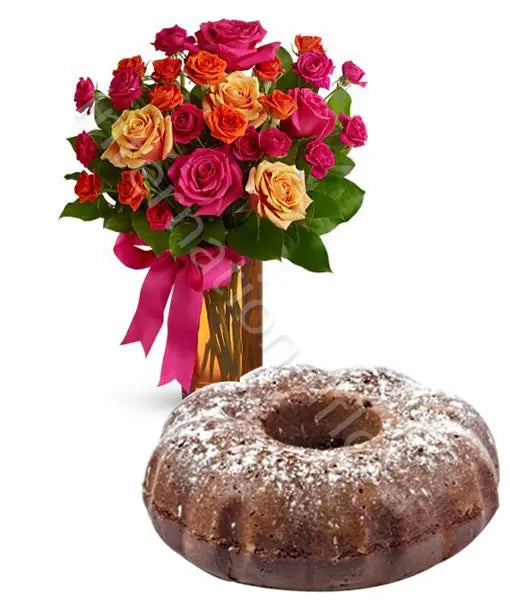 Ciambellone al Cacao con Bouquet di Roselline Fiori a Domicilio