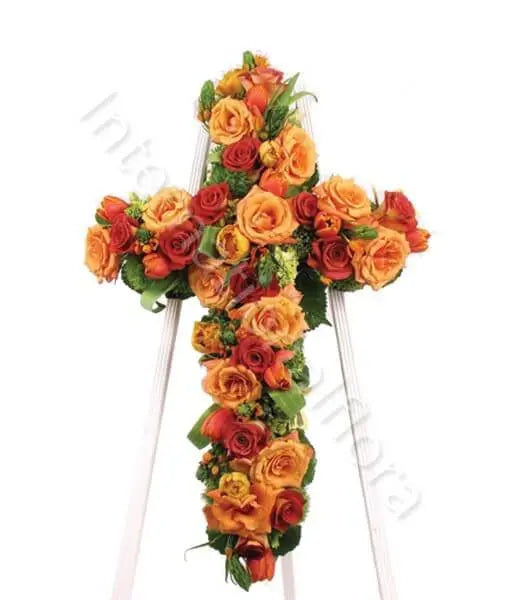 Croce funebre di Rose rosse e arancio Fiori a Domicilio