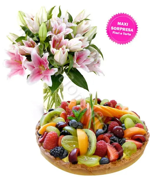 Crostata alla Frutta con Bouquet di Gigli Fiori a Domicilio