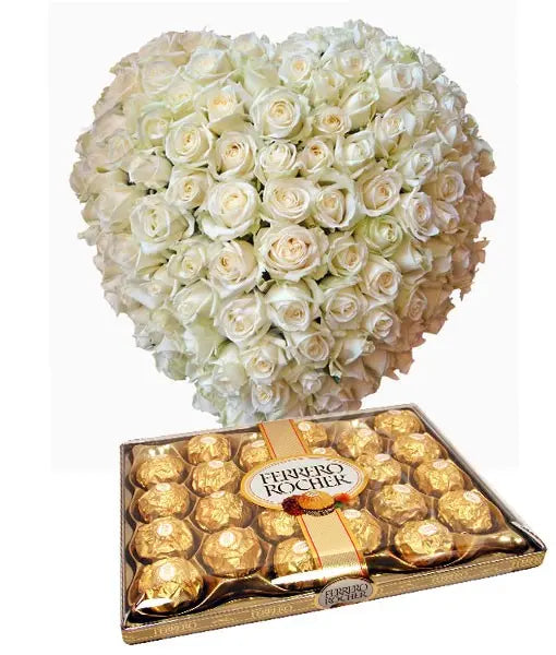 Cuore di 100 Rose bianche con Ferrero Rocher Fiori a Domicilio