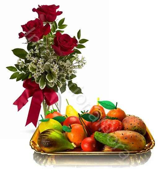 Frutta Martorana con Bouquet di Tre Rose rosse Fiori a Domicilio