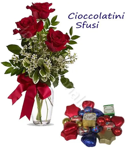 Sacchetto di Cioccolatini sfusi con Bouquet di 3 Rose rosse Il mio negozio