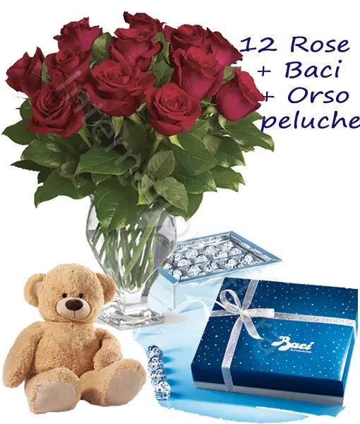 Scatola di Baci con Orsetto e 12 Rose rosse Medium Fiori a Domicilio