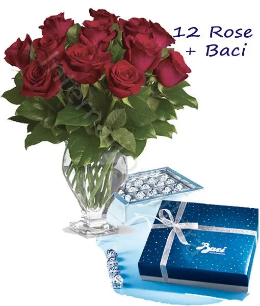 Scatola di Baci Perugina con 12 Rose rosse Medium Fiori a Domicilio