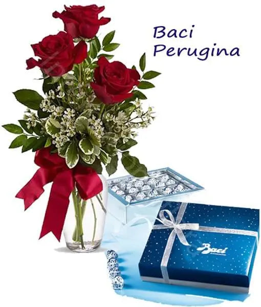 Scatola di Baci Perugina con Bouquet di 3 Rose rosse Il mio negozio