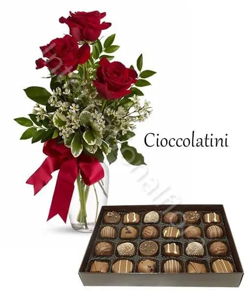 Scatola di Cioccolatini con Bouquet di 3 Rose rosse Il mio negozio