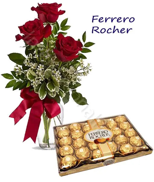 Scatola di Ferrero Rocher con Bouquet di 3 Rose rosse Fiori a Domicilio