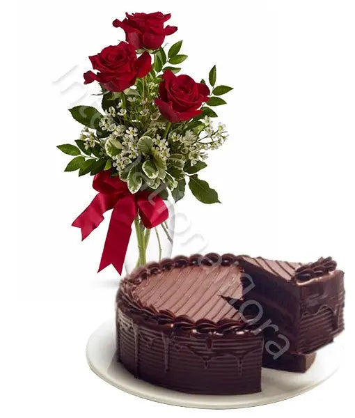 Torta al Cioccolato con tris di Rose rosse Fiori a Domicilio