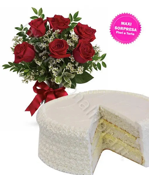 Torta alla Crema con Bouquet di sei Rose rosse Fiori a Domicilio