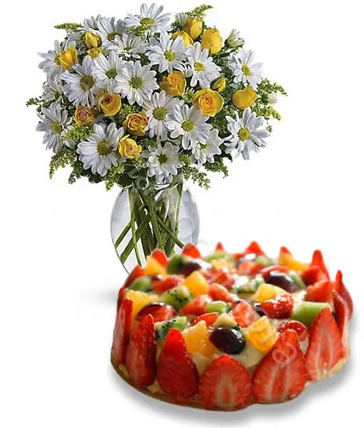 Torta alla Frutta con Bouquet di Margherite e Roselline Fiori a Domicilio