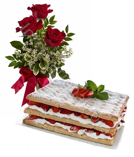 Torta Millefoglie con tris di Rose rosse Fiori a Domicilio