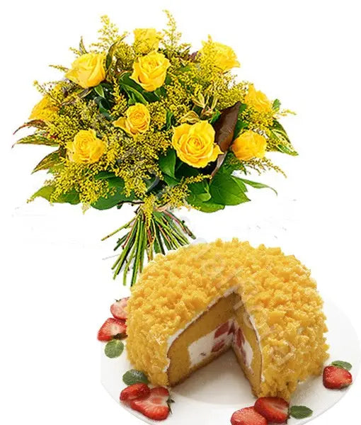 Torta Mimosa con Bouquet di Rose gialle e Mimosa Fiori a Domicilio