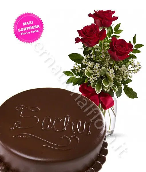 Torta Sacher con Tris di Rose rosse Fiori a Domicilio